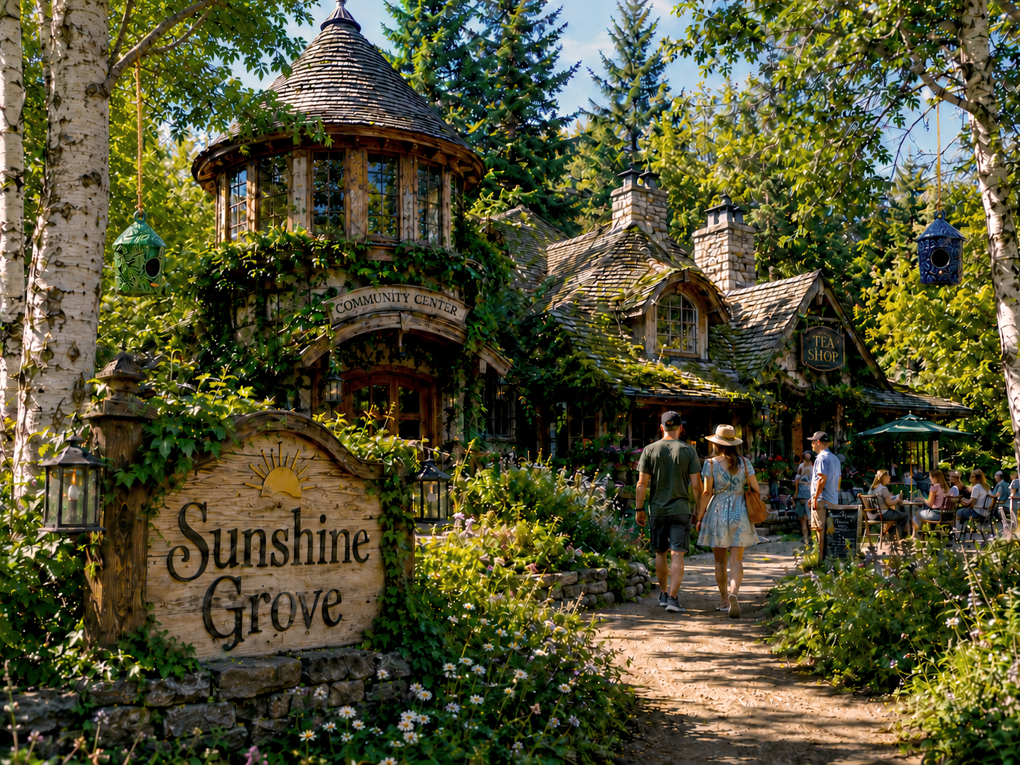 An artist's concept of Sunshine Grove: a shingled community center and tea shop among birches, with visitors walking a flower-lined path